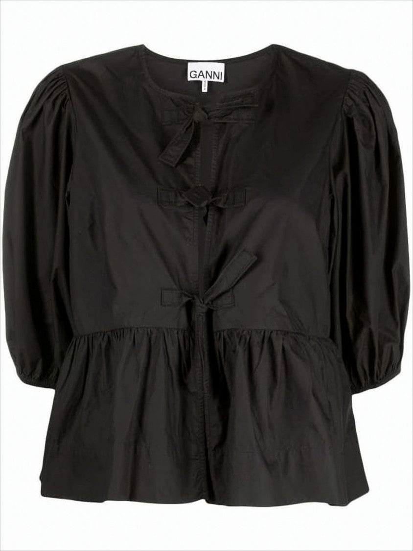 Ganni Black Blouse With Round Neckline