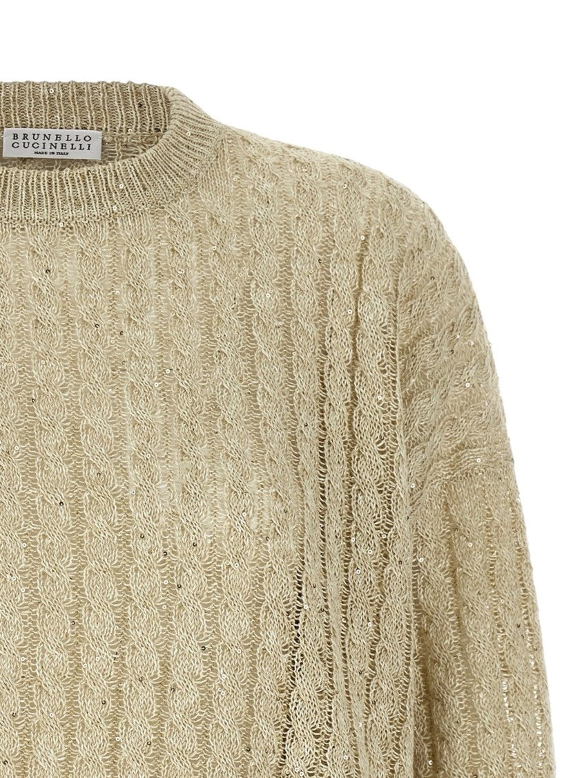 Brunello Cucinelli Beige Openwork Cable Knit Linen Sweater