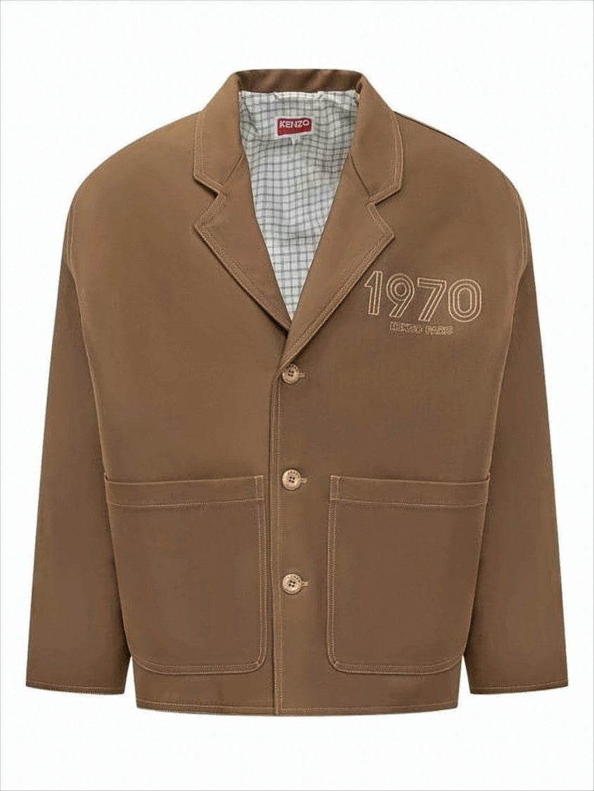 Kenzo Cropped Brown Cotton Casual Jacket With Structured Collar