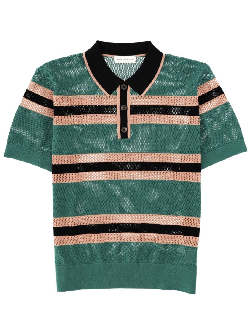 Dries Van Noten Perforated Knit Horizontal Stripes Polo Shirt