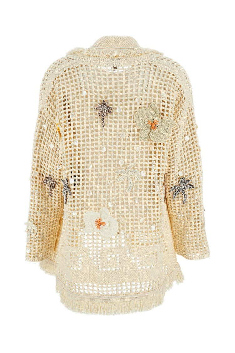 Alanui Intricately Stitched Long Cardigan With Mother-Of-Pearl Accents