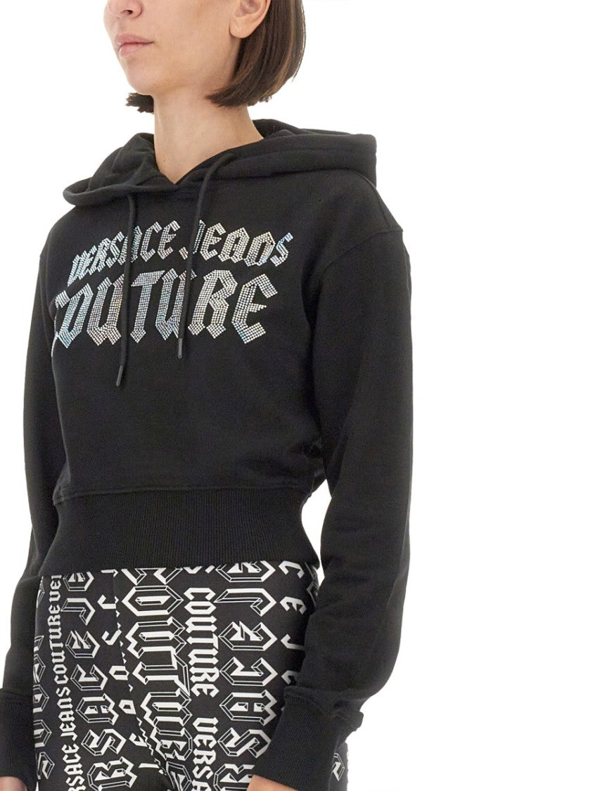 Versace Jeans Couture Cropped Black Sweatshirt With Hood And Logo Detail