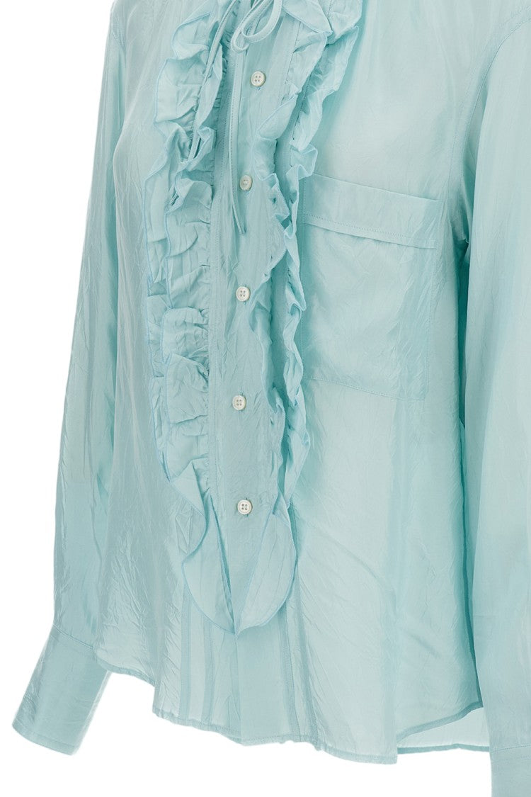Plan C Light Blue Ruffled Shirt With Gathered Neck
