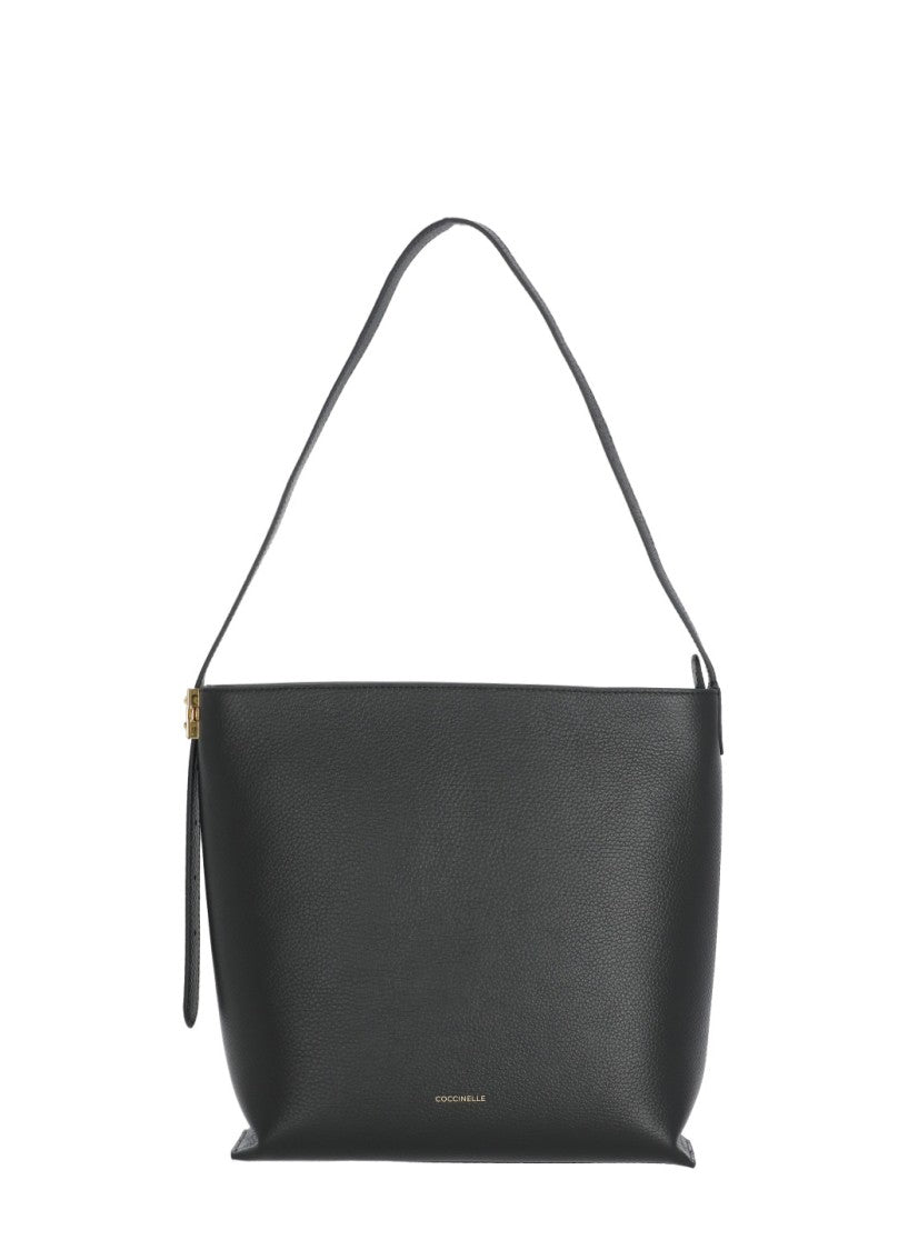 Coccinelle Structured Pebbled Leather Shoulder Bag With Lock Detail