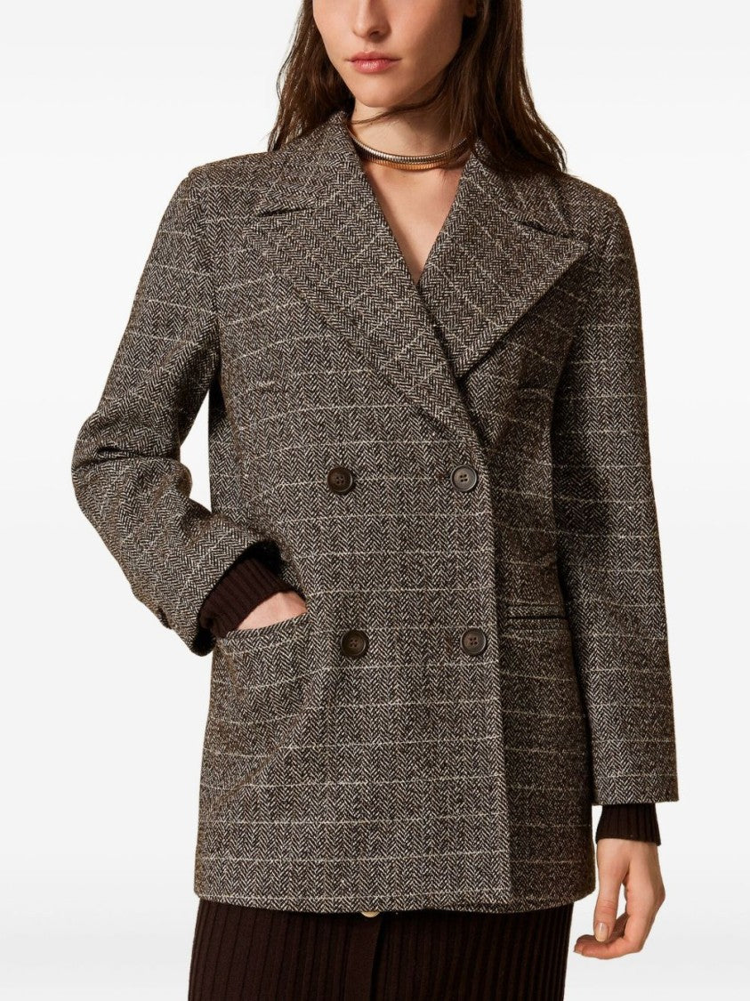 Twin-Set Brown Herringbone Short Coat With Gold Accents