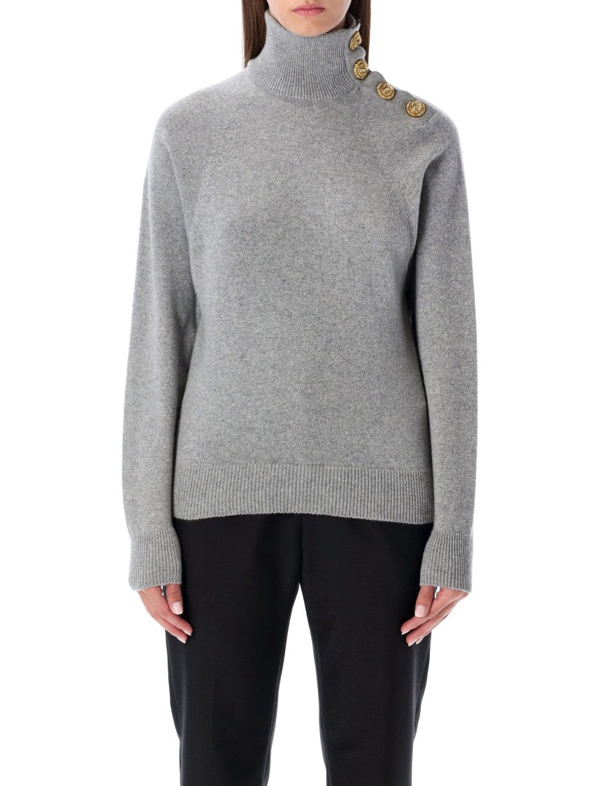 Balmain Grey High-Neck Wool Sweater With Gold Buttons