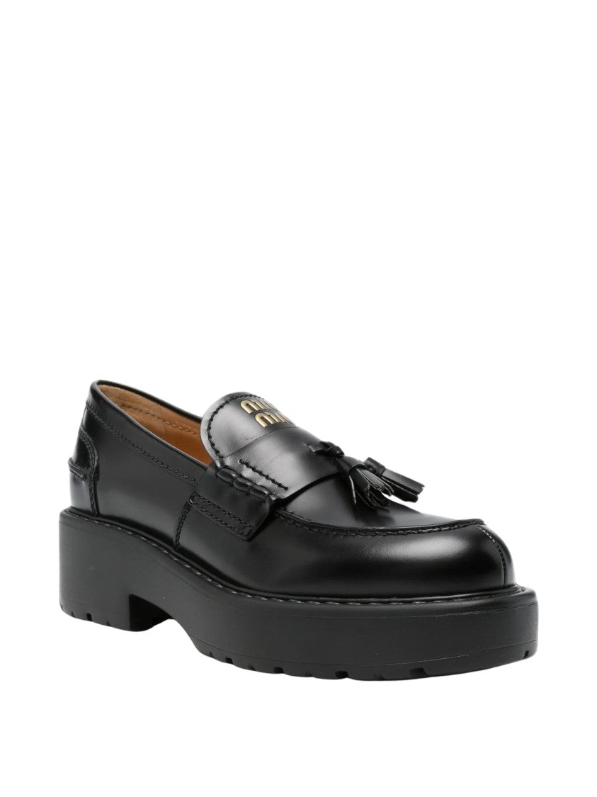 Miu Miu Black Leather Tassel Chunky Loafers