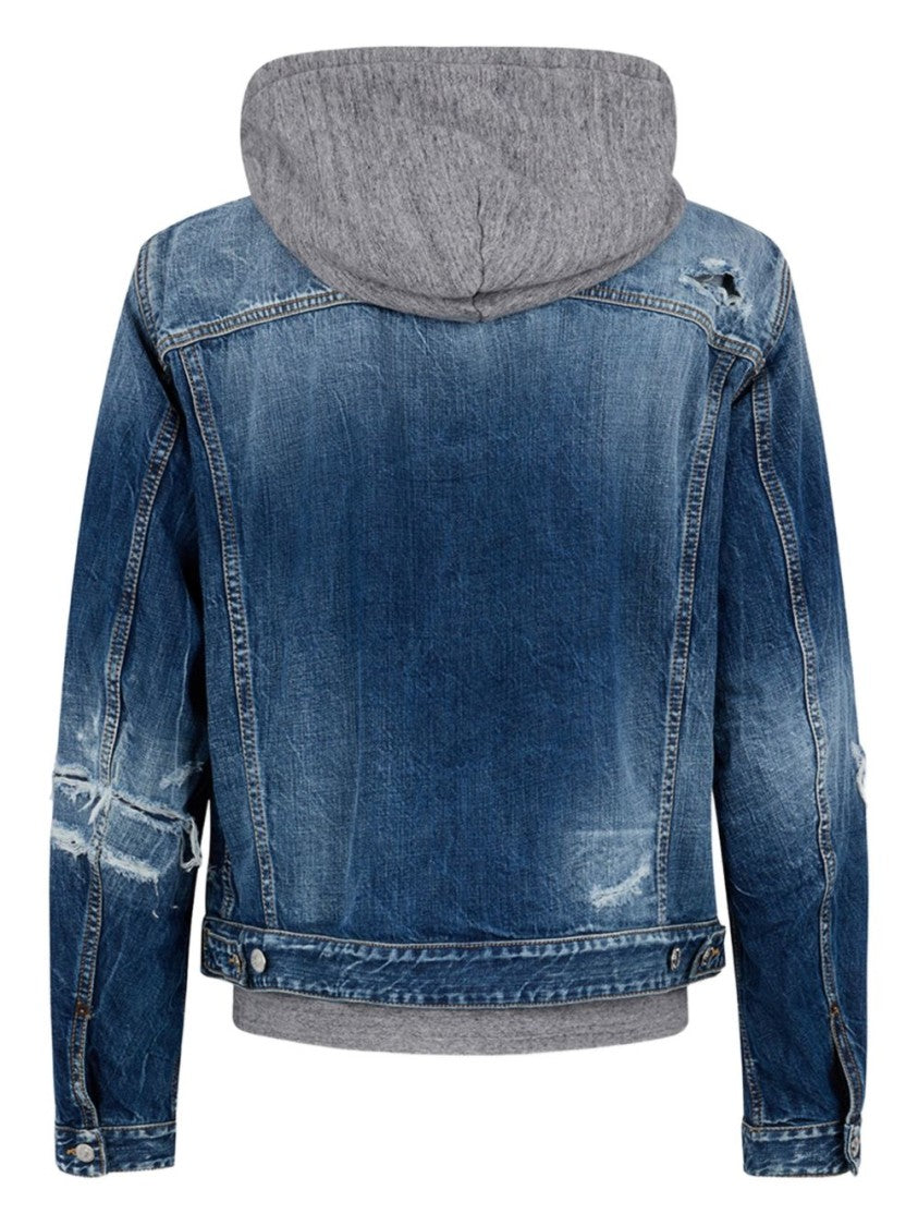 Dsquared2 Distressed Denim Jacket With Grey Hood And Ribbed Cuffs