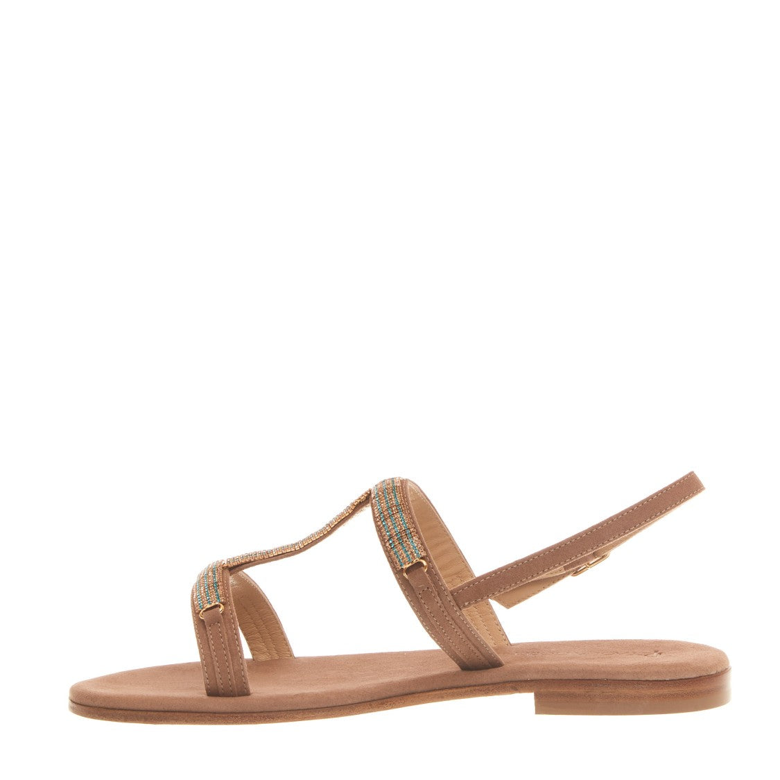 Paola Fiorenza Beige Suede Sandal With Blue And Copper Crystals