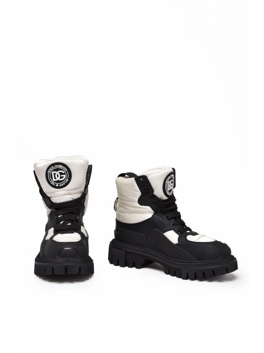 Dolce & Gabbana Black/White Chunky Lace-Up Rubber-Leather Boots