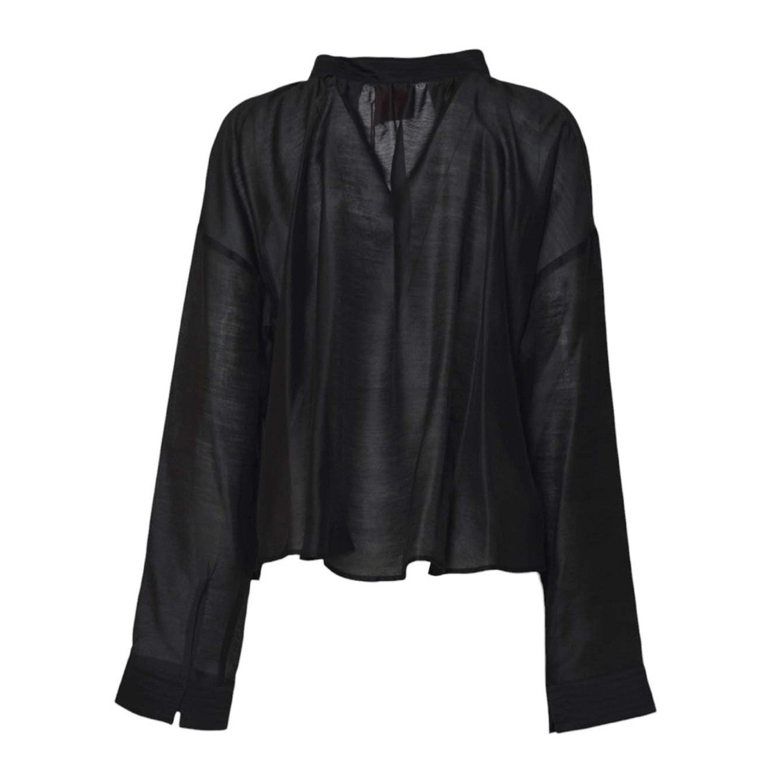 Merci Loose-Fit Black Blouse With Deep V-Neckline And Wide Placket