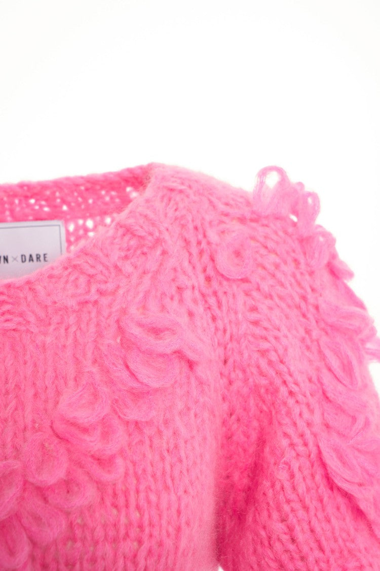 Dawn X Dare Short-Sleeve Ruffled Knit Sweater With Diamond Detailing