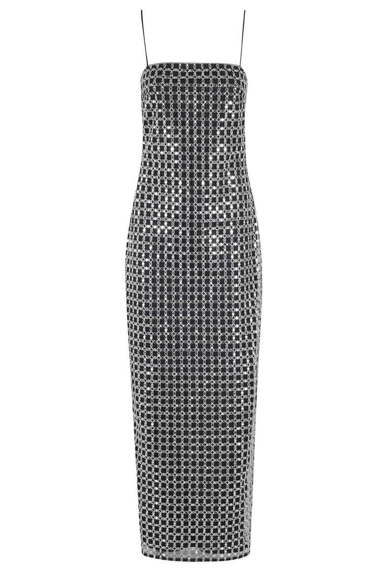 Rotate Black Beaded All-Over Rhinestone Polyester Evening Dress