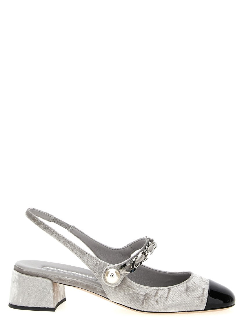 Miu Miu Velvet Slingback Shoes With Chain Detail And Pearl Accent