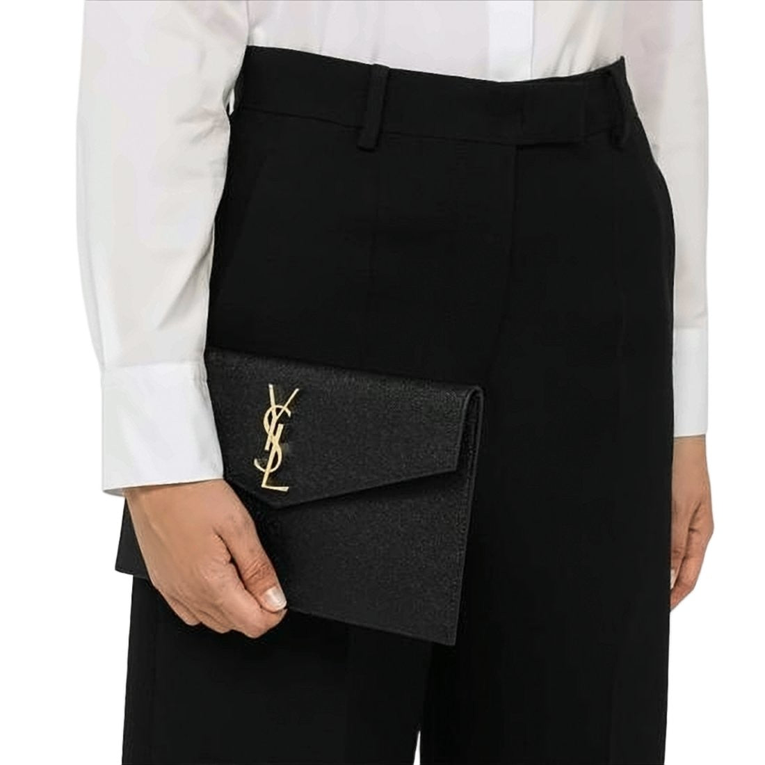 Saint Laurent Textured Calfskin Clutch With Gold-Tone Ysl Logo
