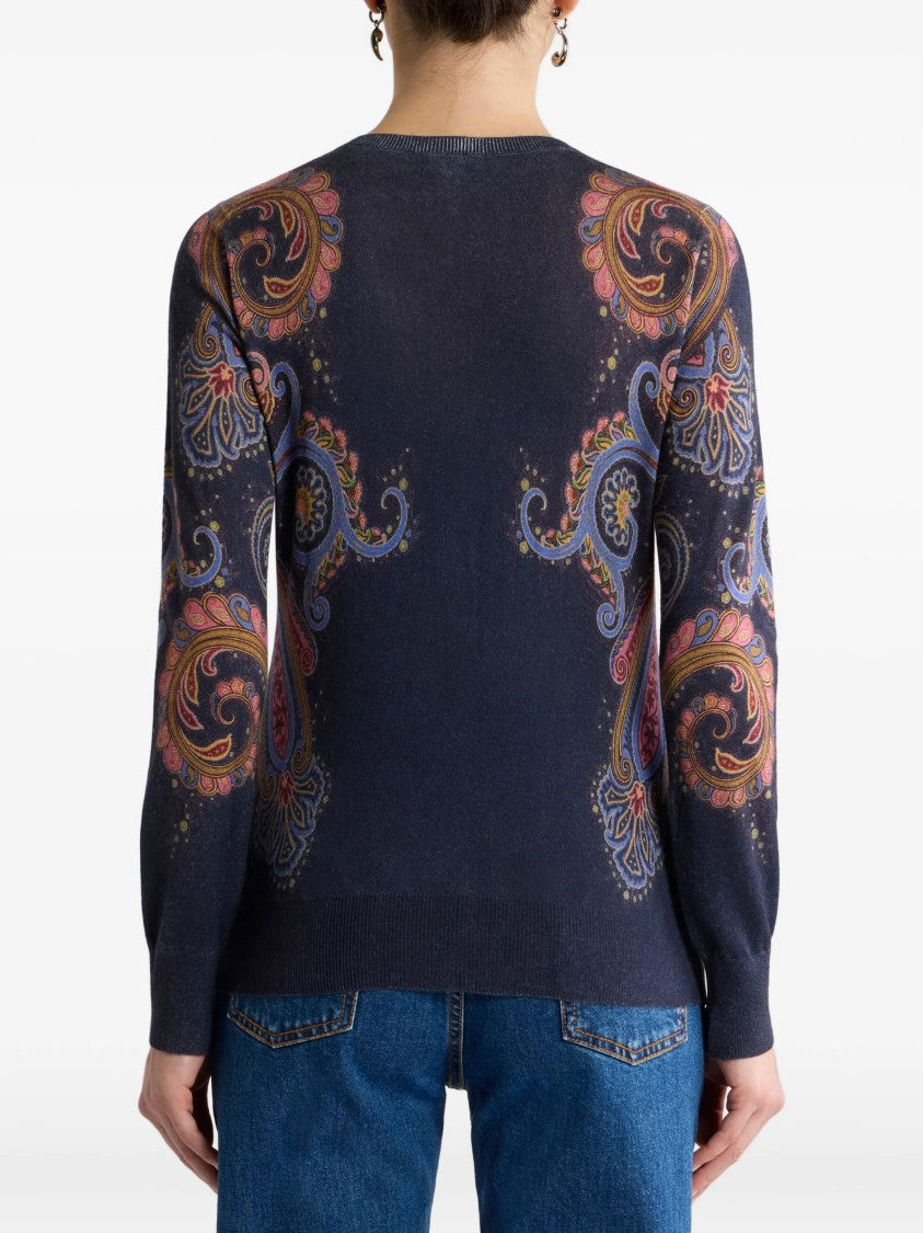 Etro Navy Paisley-Patterned Knit Cardigan