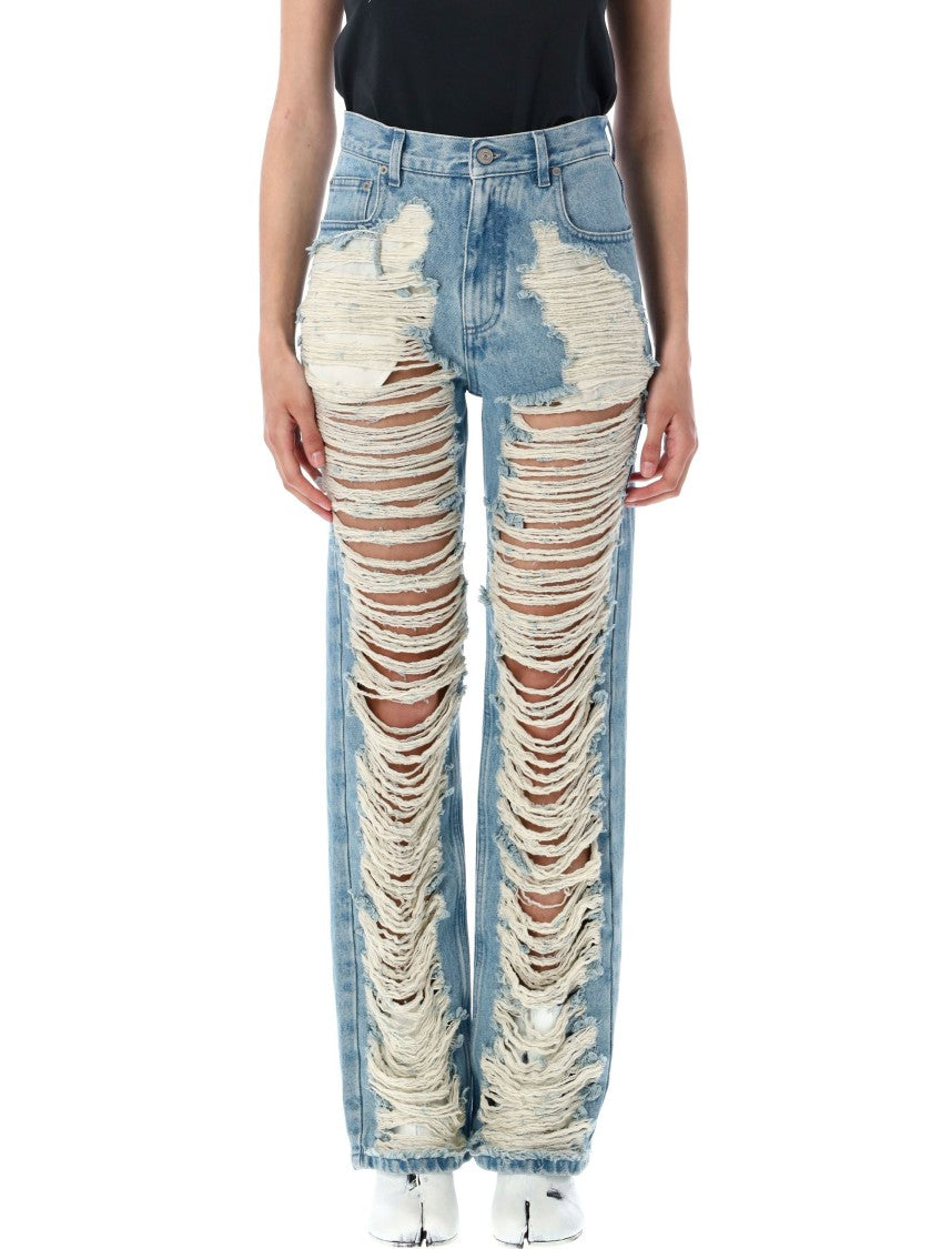 Mm6 By Maison Margiela Distressed Straight Leg Denim Jeans With White Stitching