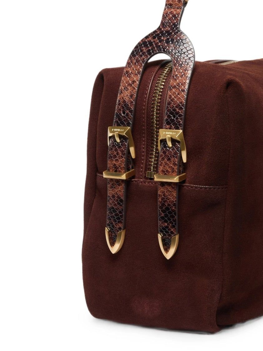 Pinko Structured Brown Suede Handbag With Snakeskin Accents