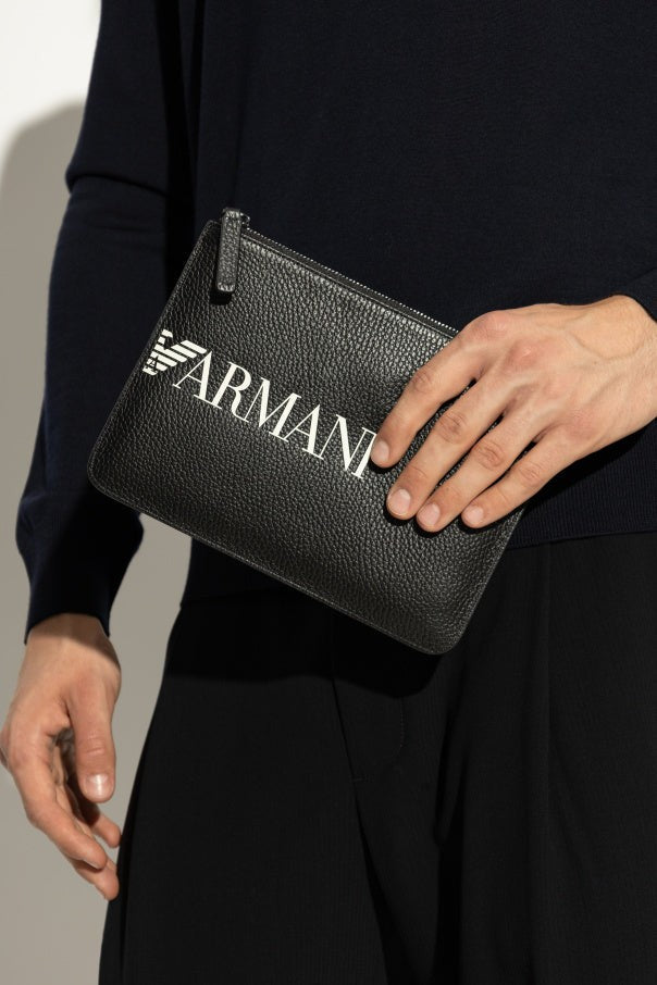 Emporio Armani Textured Leather Hand Bag With Bold Logo Prints
