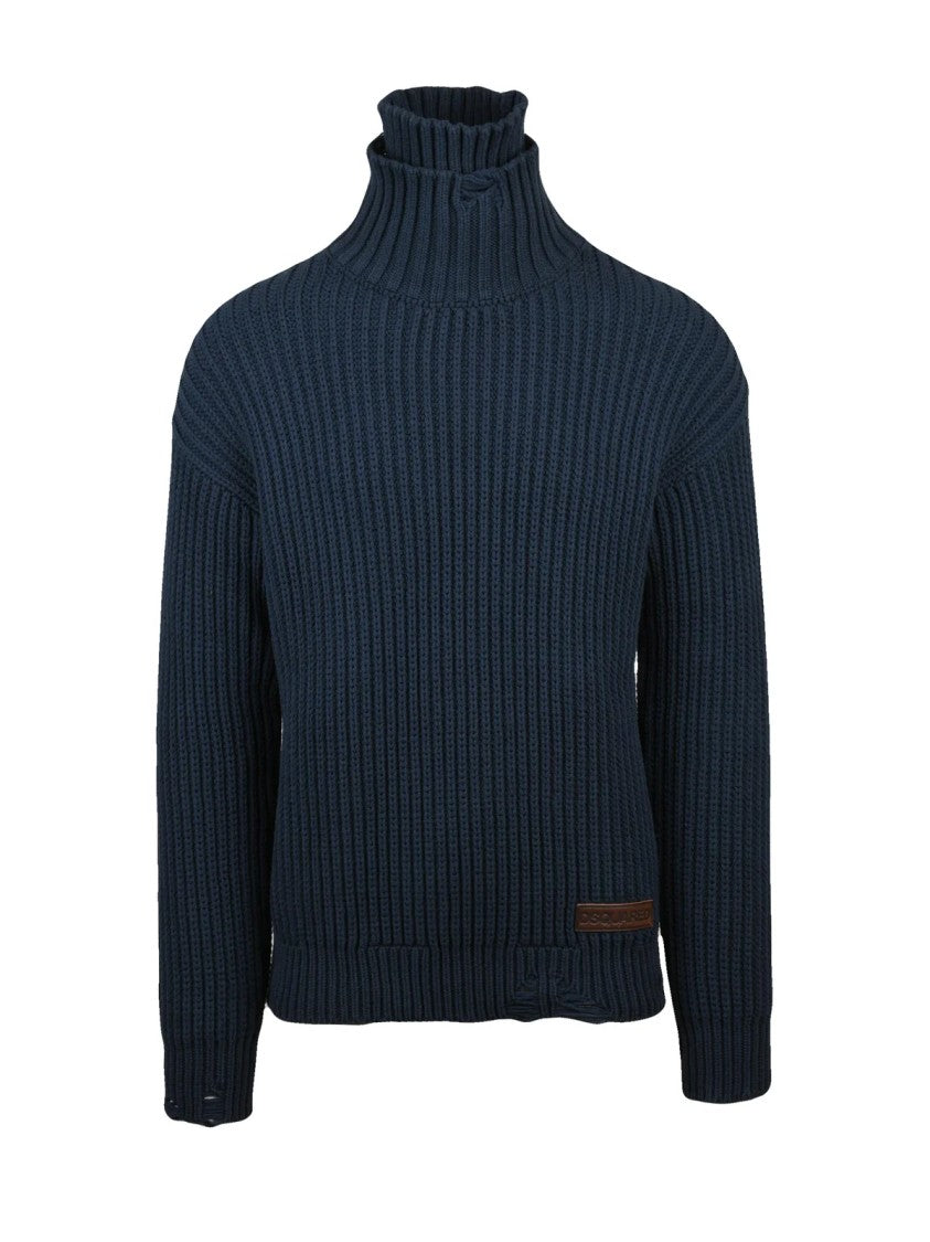 Dsquared2 Ribbed High Neck Knit Sweater With Leather Detail