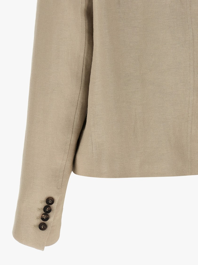 Brunello Cucinelli Cropped Linen Blazer With Contrasting Button Closure