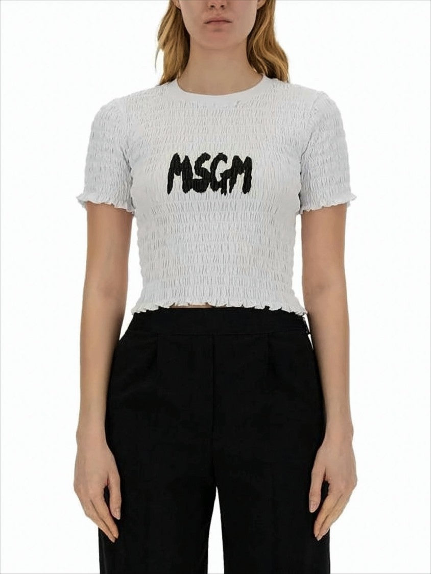Msgm Cropped Textured Top With Ruched Fabric