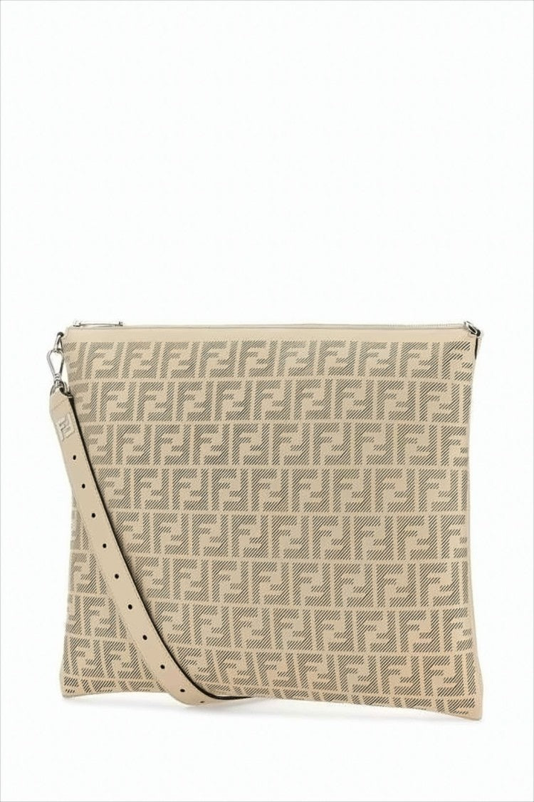 Fendi Textured Calfskin Clutch With Geometric Pattern And Detachable Strap