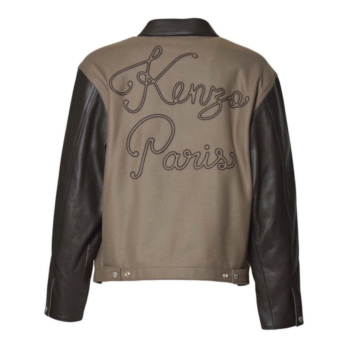 Kenzo Brown Wool Blouson With Leather Sleeves And Embroidered Detailing