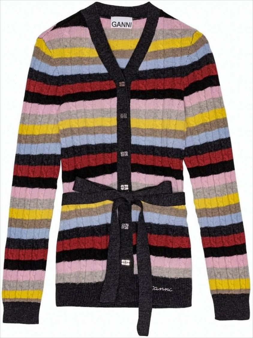 Ganni Ribbed Knit Cardigan With Horizontal Stripes And Matching Belt