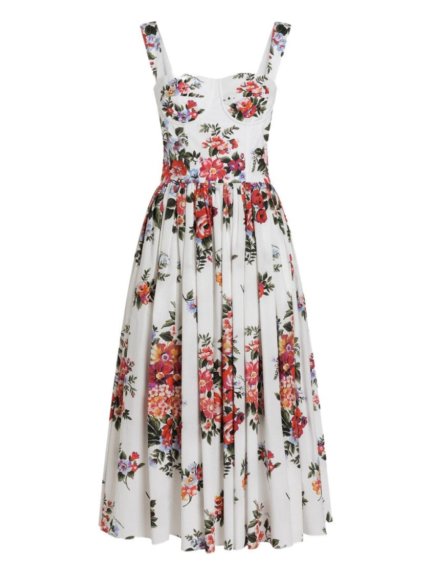 Dolce & Gabbana Floral Midi Dress With Fitted Bodice And Gathered Skirt