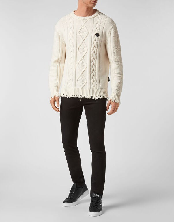 Philipp Plein Ivory Wool Cable-Knit Logo-Patch Sweater