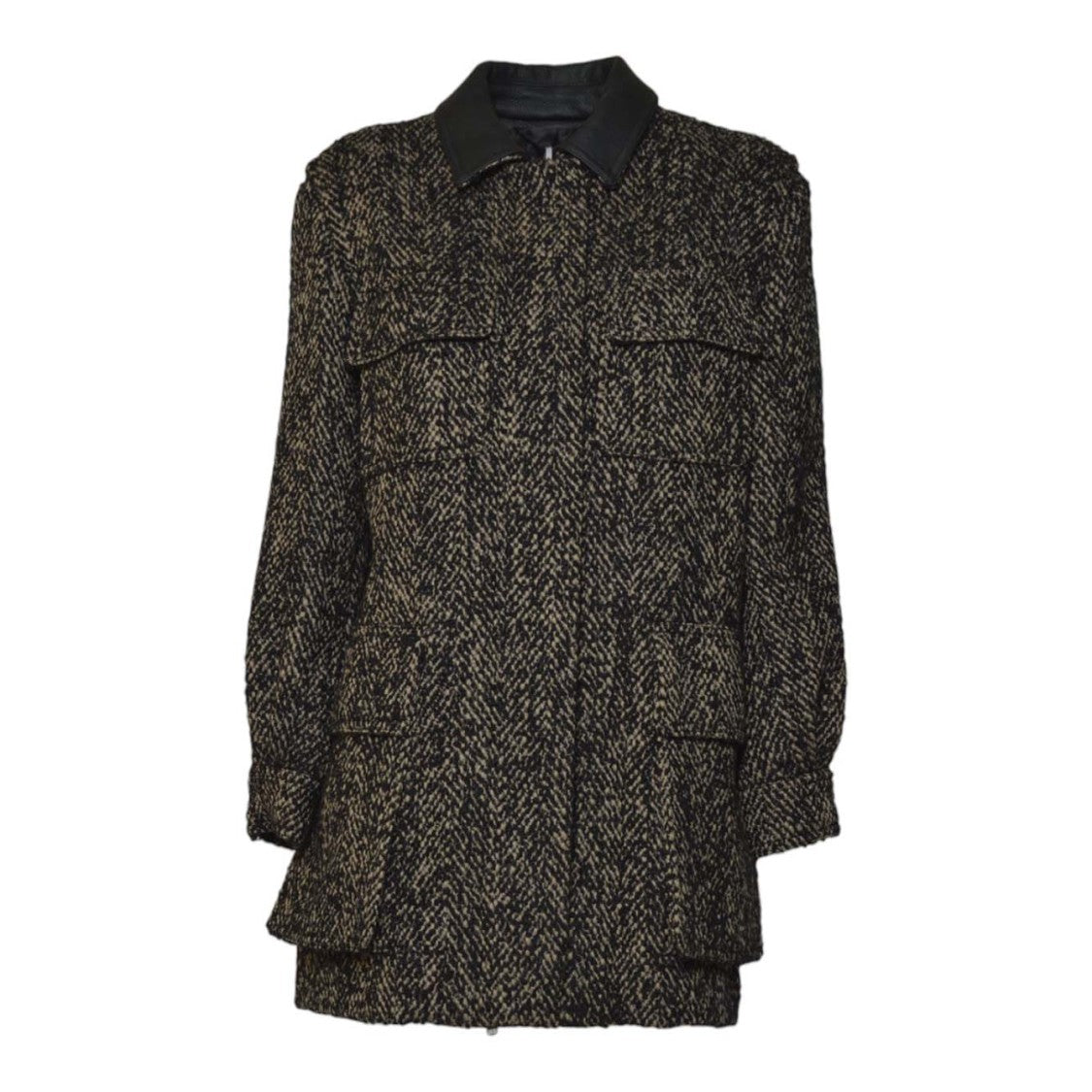 Max Mara Textured Herringbone Jacket With Leather Collar