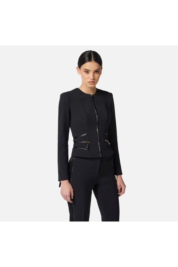Elisabetta Franchi Black Collarless Corset Zip-Front Polyester-Blend Blazer