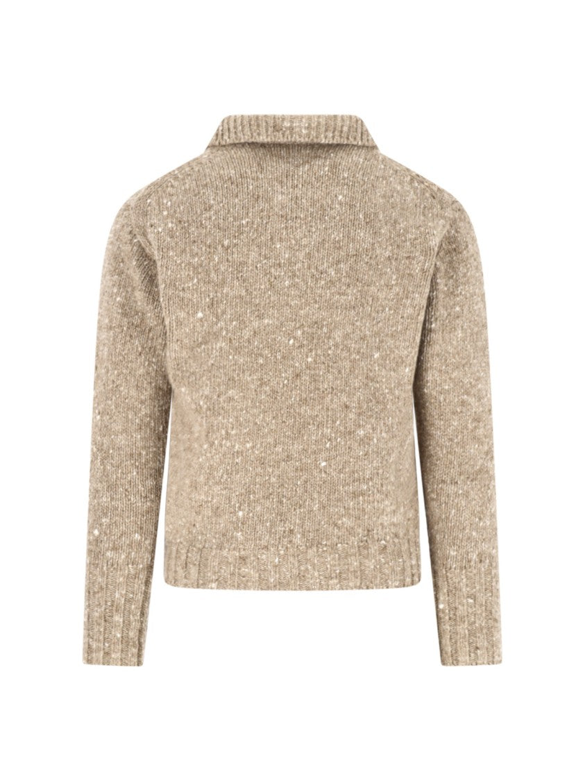 Auralee Brown Cropped Ribbed-Collar Wool Sweater