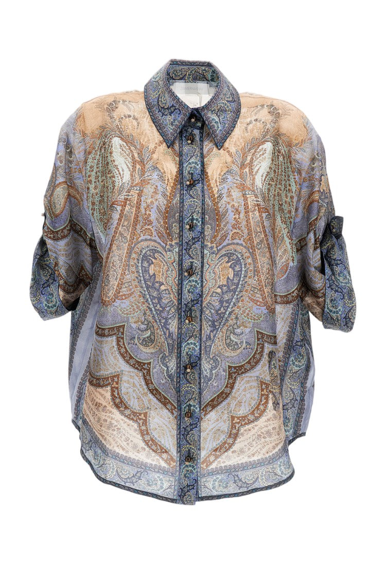 Zimmermann Silk Short Sleeve Shirt With Asymmetrical Hem And Rolled Sleeves