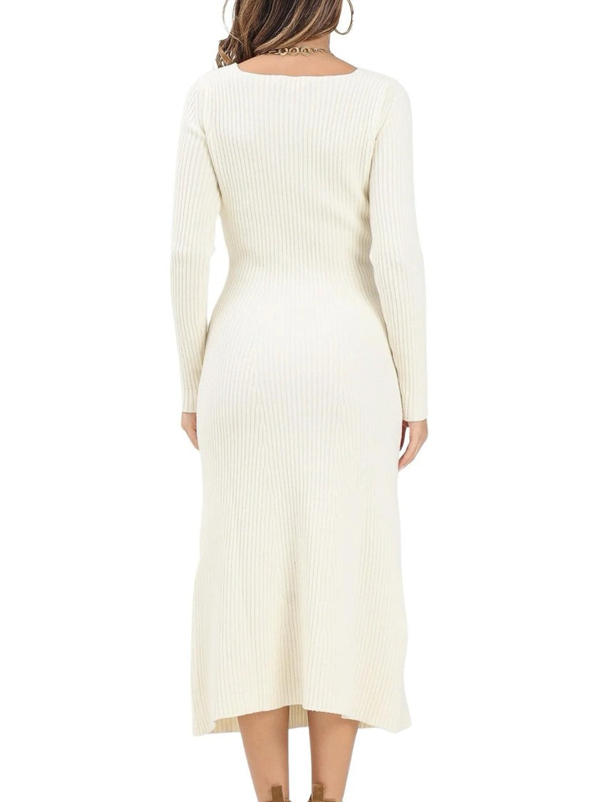 Akep Ribbed Knit Dress With Deep V-Neckline And Flared Hem