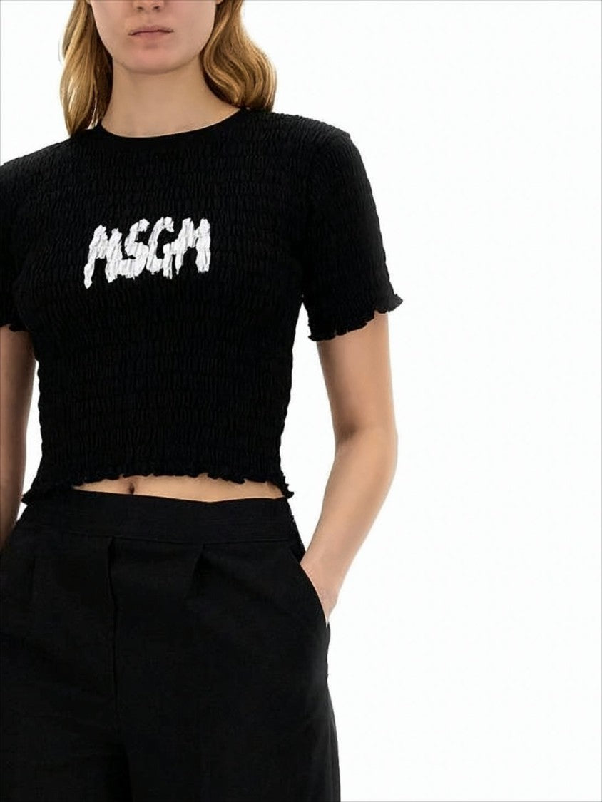 Msgm Textured Cropped Black T-Shirt With Bold Logo