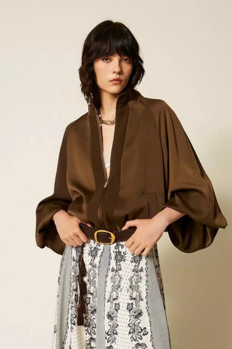 Twin-Set Brown Stand Collar Balloon Sleeve Polyester Bomber Jacket