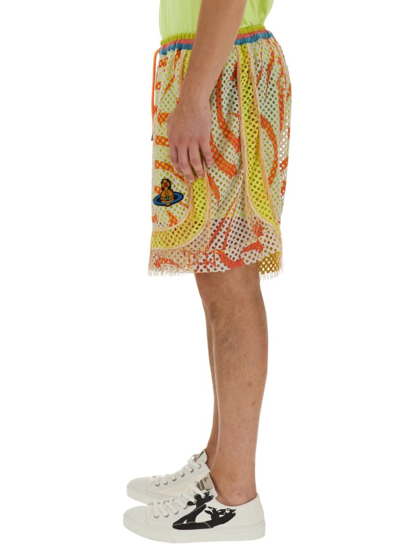 Vivienne Westwood Print Mesh Shorts With Fringed Hem