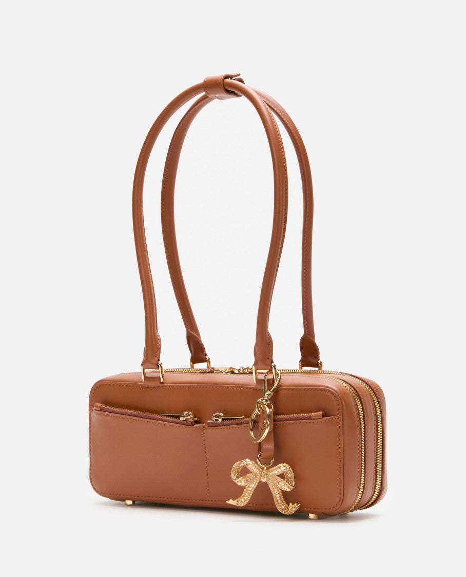 Self-Portrait Tan Leather Baguette Shoulder Bag With Charm