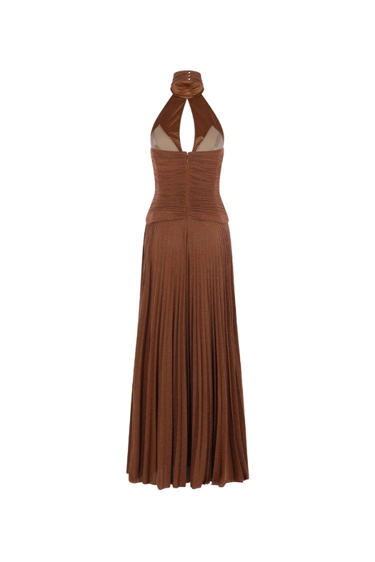 Elisabetta Franchi Brown Halterneck Braided Trim Pleated Viscose-Blend Maxi Dress