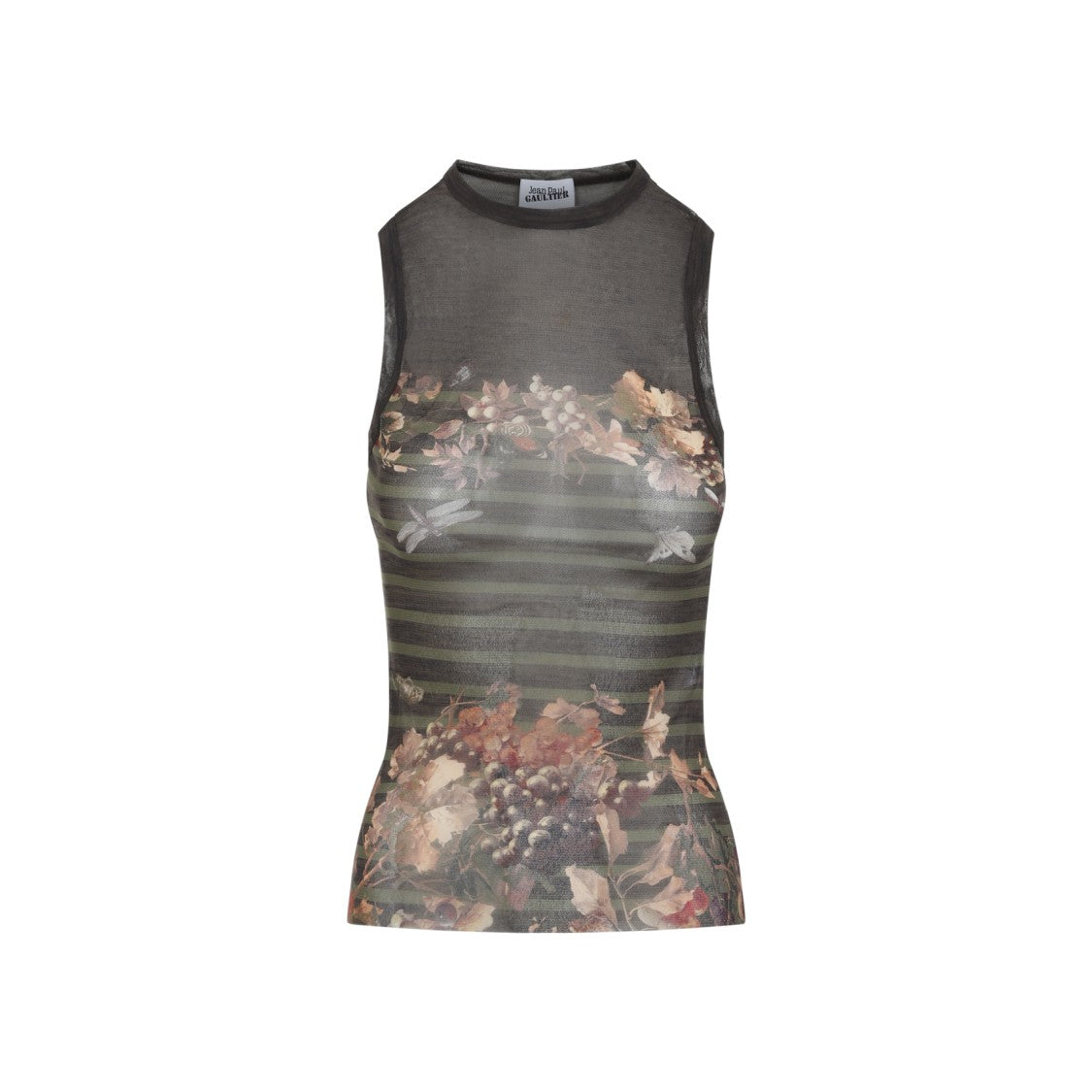 Jean Paul Gaultier Sheer Black Mesh Top With Grape Graphic Print