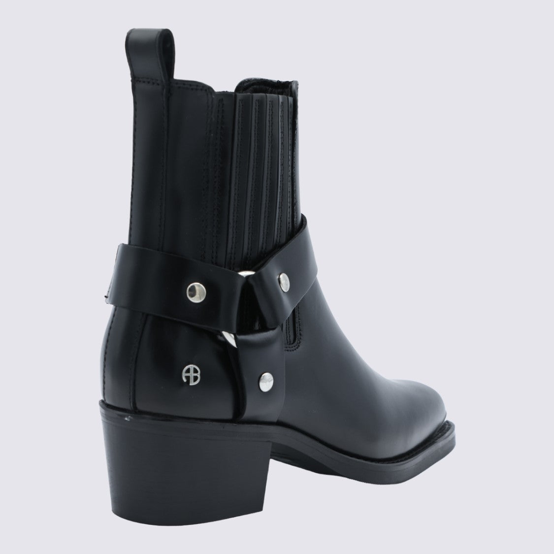 Anine Bing Pointed Toe Black Leather Ankle Boots With Harness Strap