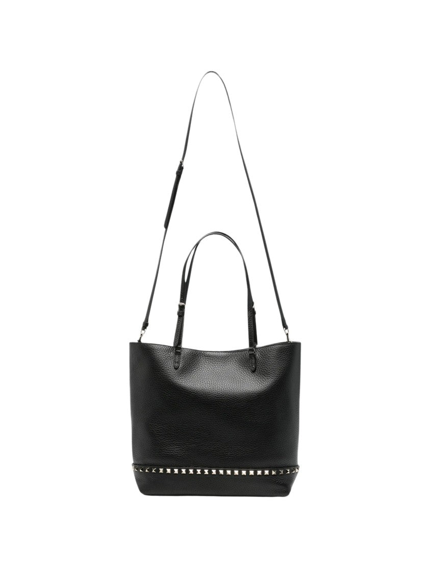 Valentino Black Rockstud Medium Pebbled Calf Leather Tote Bag