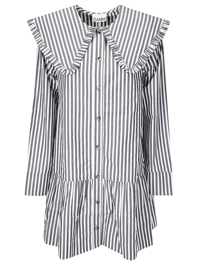 Ganni Striped Dress With Wide Collar And Ruffles