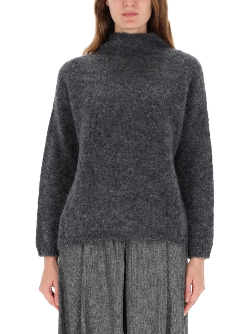 Max Mara Soft Grey Knit Sweater With High Neck And Loose Fit
