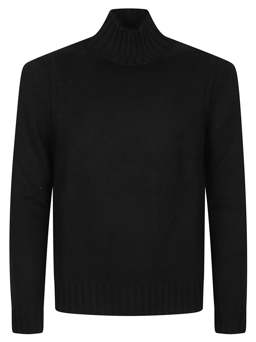 Ballantyne Plain Finely Knitted Ribbed Black Turtleneck Sweater