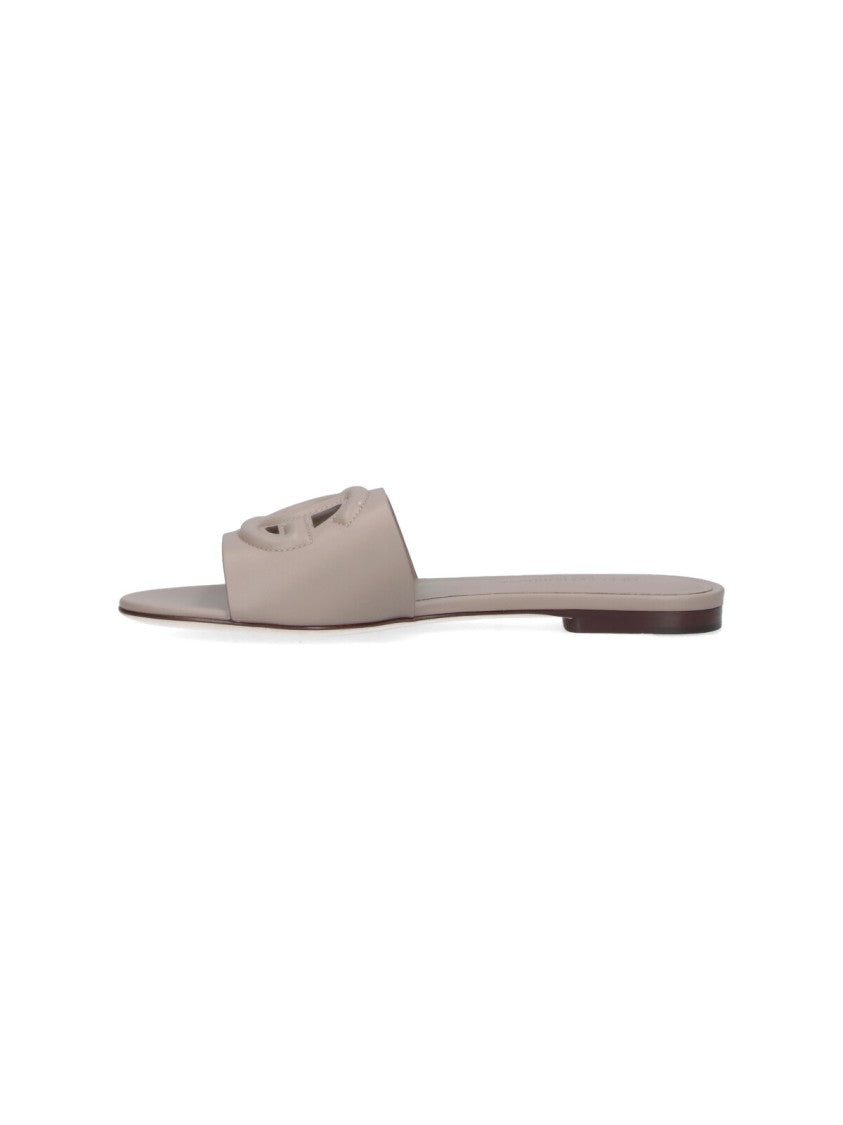 Dolce & Gabbana Taupe Leather Slip-On Sandals With Logo Detail