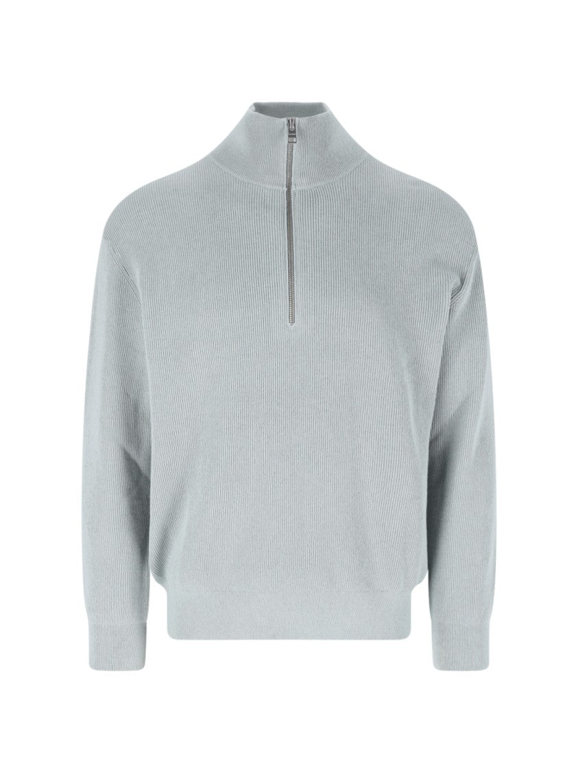 Closed Half-Zip Knit Sweater With High Collar And Ribbed Texture