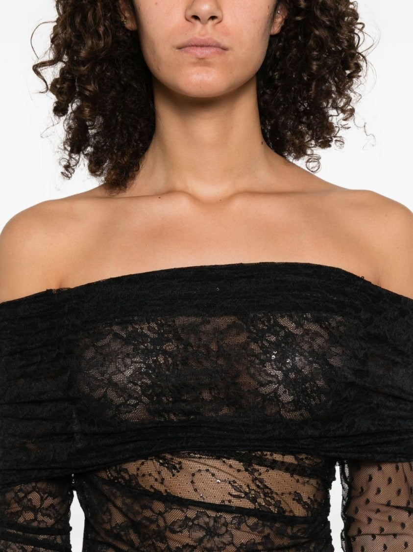 Pinko Sheer Black Off-Shoulder Top With Lace